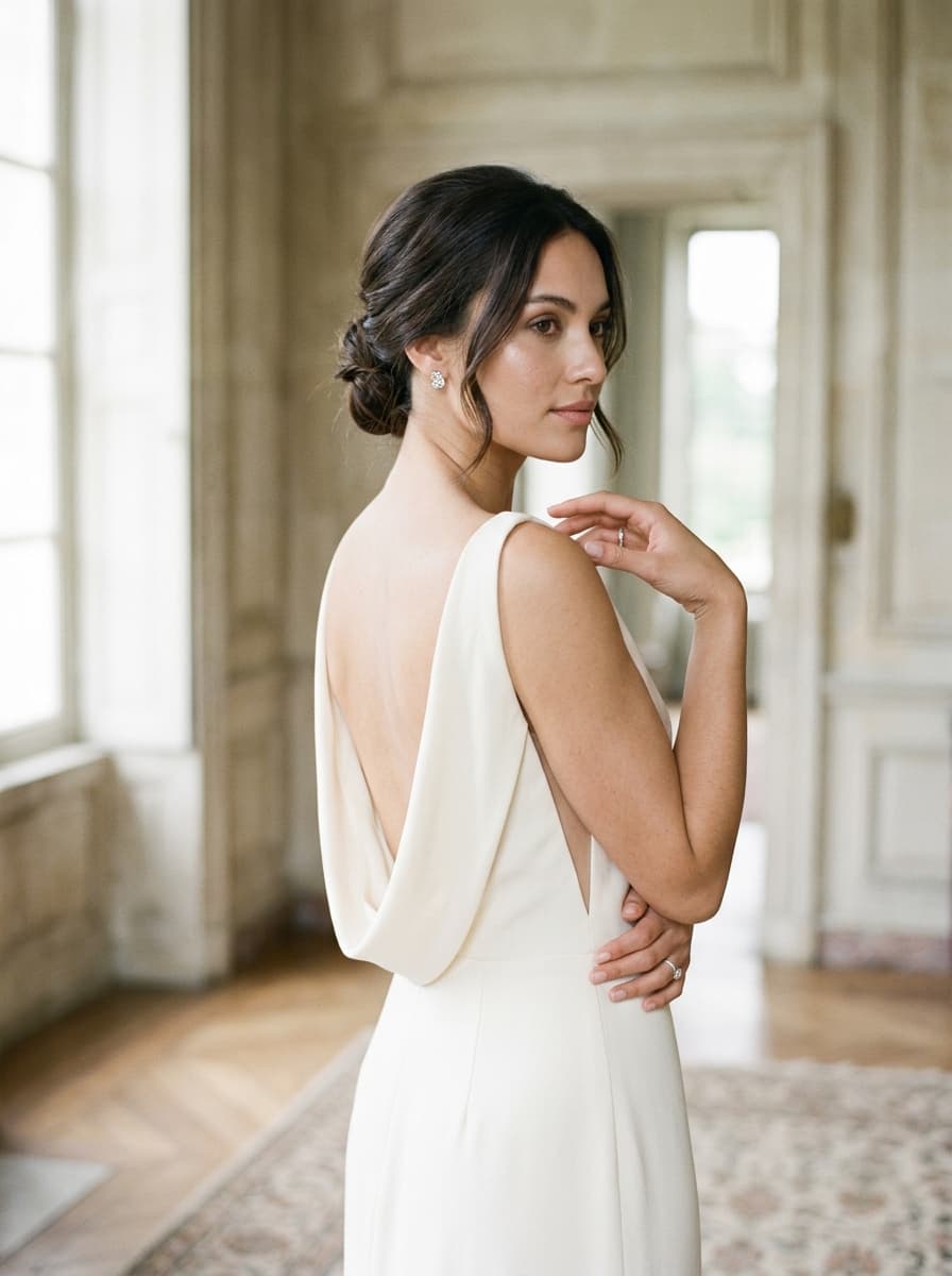 Refined bridal editorial portrait in soft natural window light