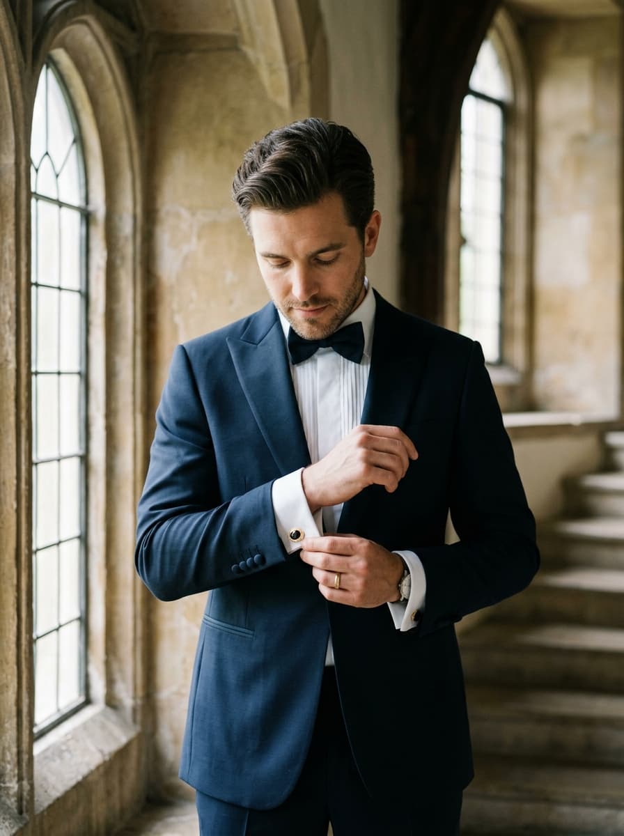 Groom in tailored midnight navy tuxedo adjusting bespoke cufflinks