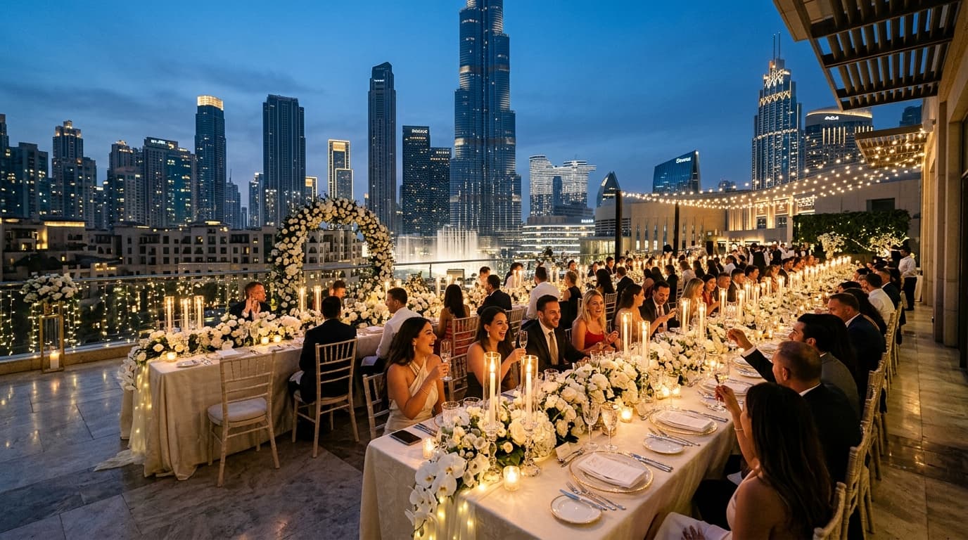 Breathtaking luxury open-air wedding reception overlooking Burj Khalifa and Downtown Dubai skyline