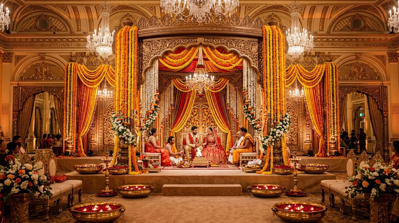 Opulent royal Indian wedding Mandap with fresh marigold garlands, mogra florals, brass urlis, and regal carved arches