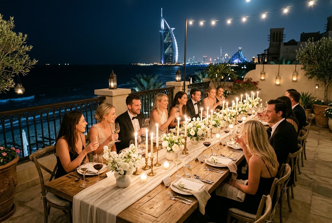 Private dinner for twelve on a coastal terrace with candlelight and sea views