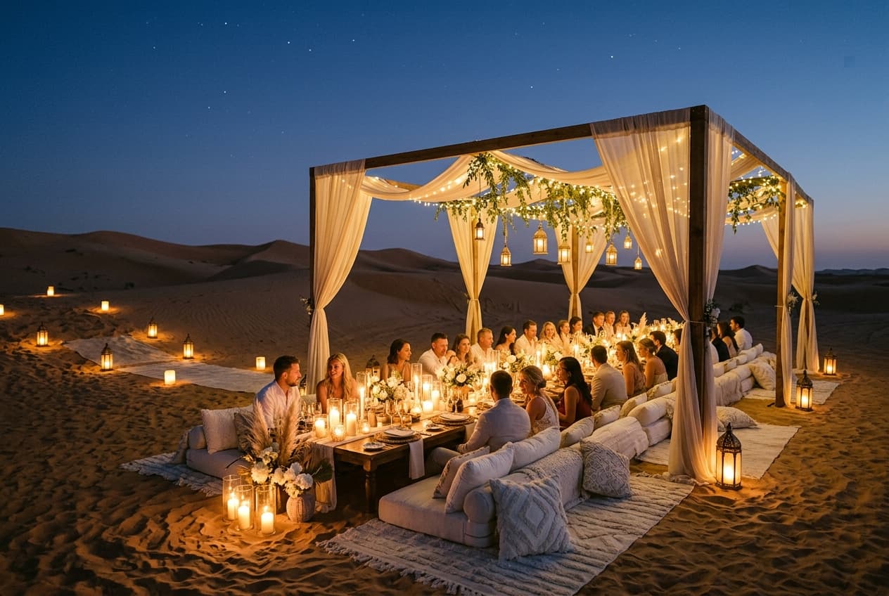Canopied luxury dinner in the serene desert dunes with hanging lanterns and low seating