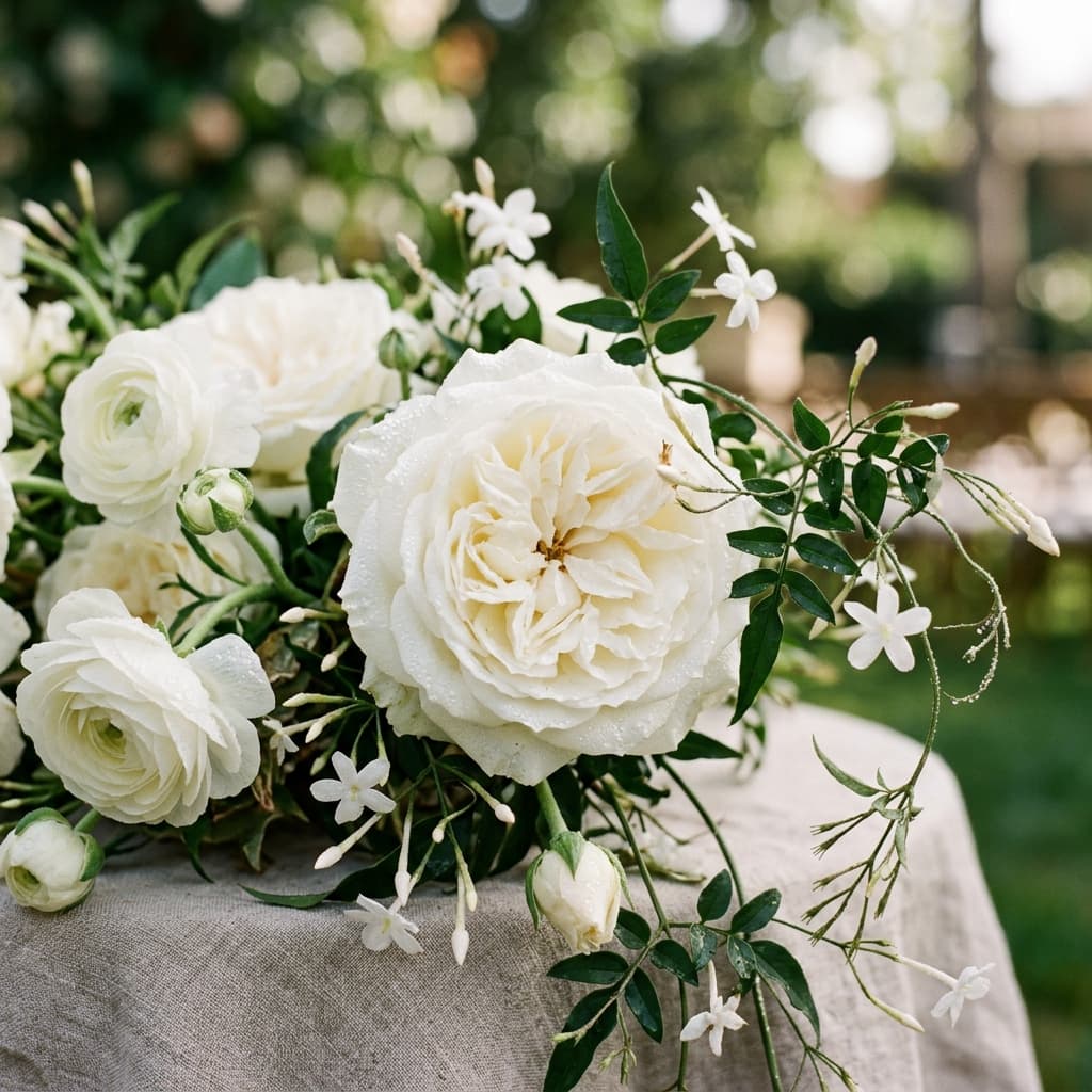 Close-up macro of organic white wedding florals