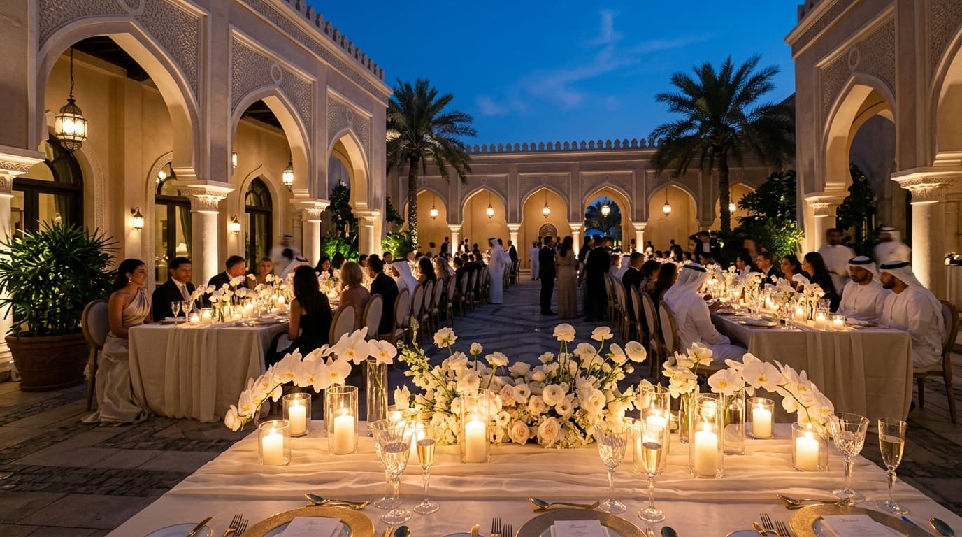 Luxury candlelit wedding reception in palatial UAE courtyard at blue hour