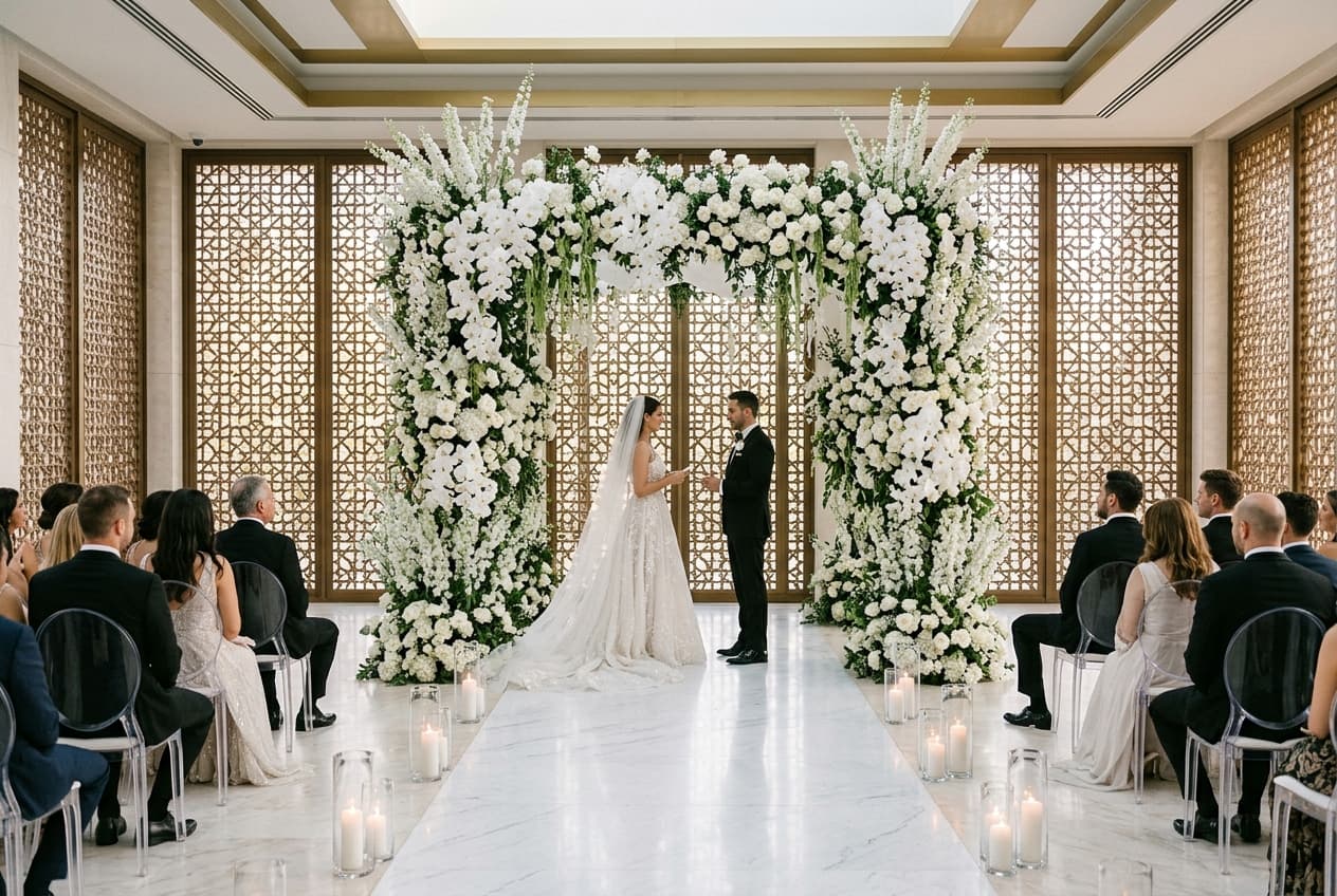 Monumental ceremony floral arch framed by contemporary geometric mashrabiya panels