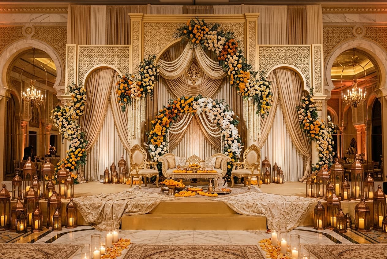 Multicultural celebration stage in the UAE with architectural arches