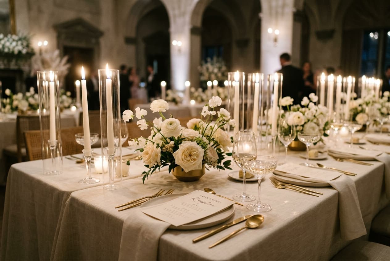 Restrained luxury tablescape styling with candlelight